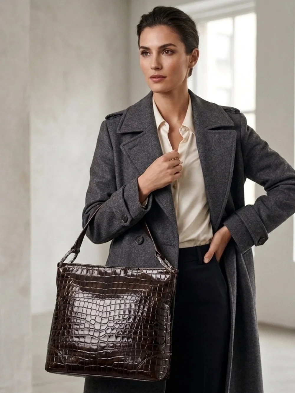 Brighton Croc- Embossed Glossed Dark Brown Large‎ Ring Leather Shoulder Tote Bag